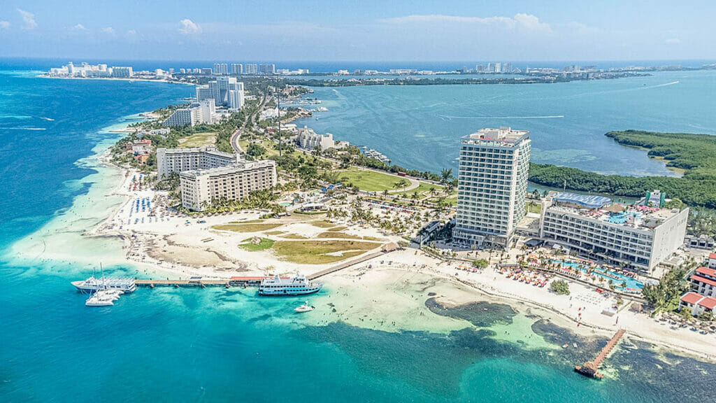 CANCUN HOTEL ZONE AERIAL VIEW