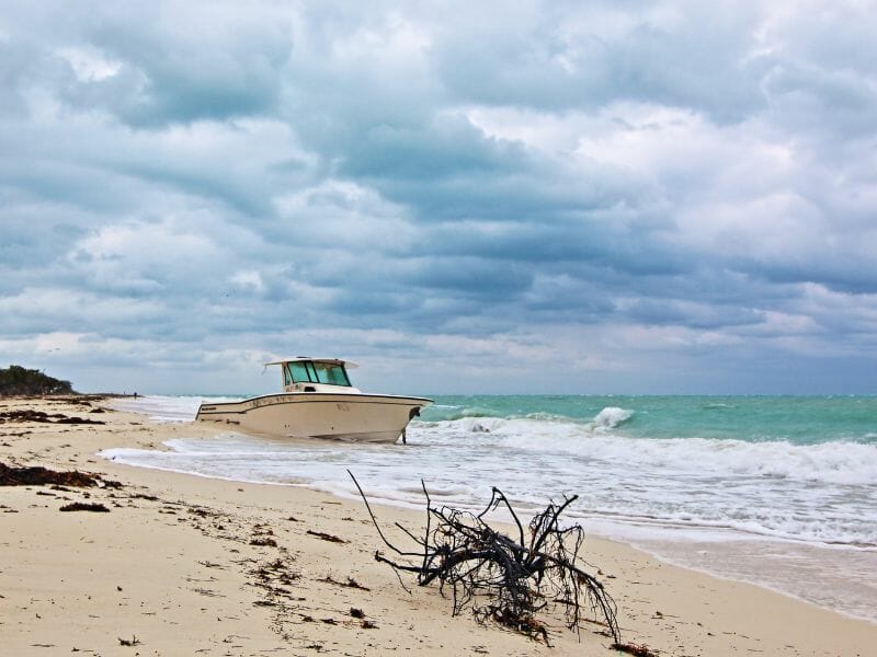 Abandoned boat on the beach of Isla Blanca Cancun