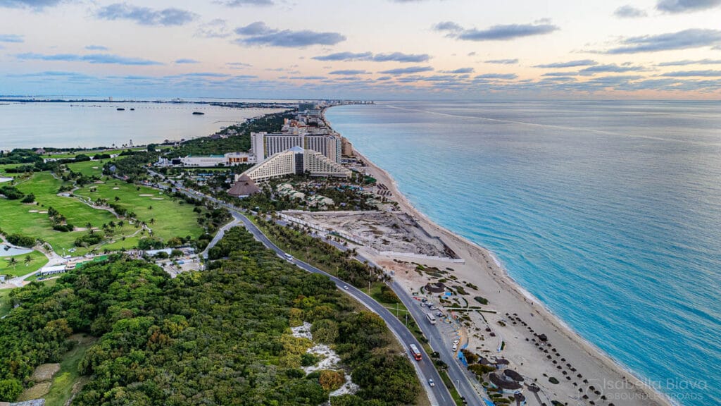 Aerial view of Cancun beachfront hotels and coastline