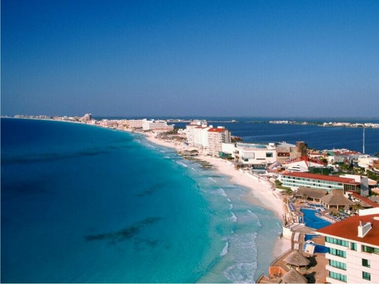 Cancun aerial view hotels and beach