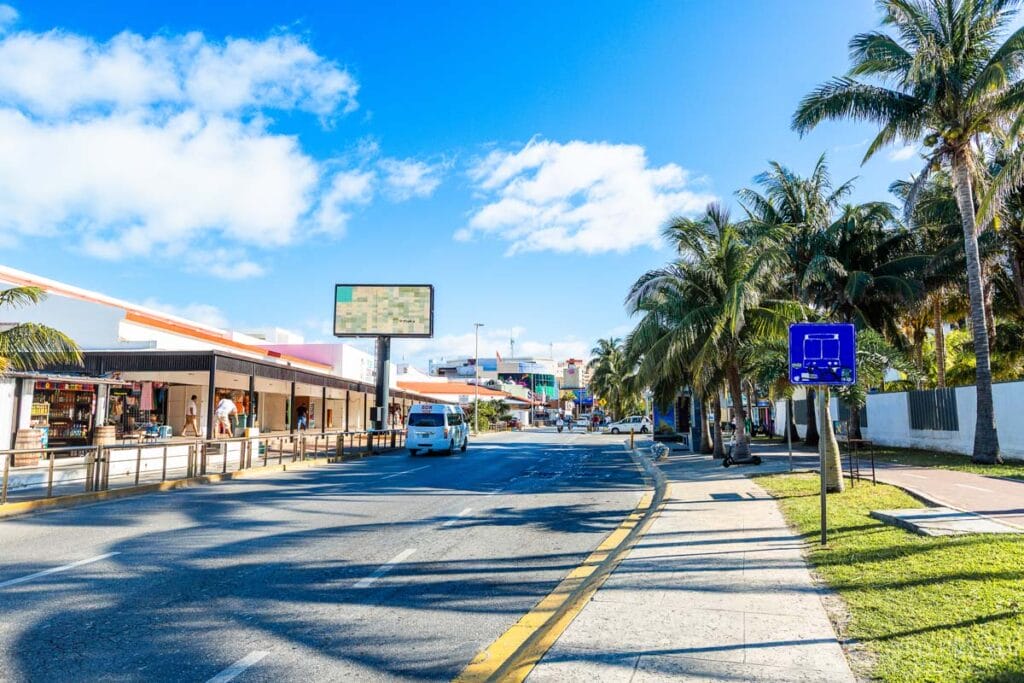 Tropical city street with palm trees and shops.