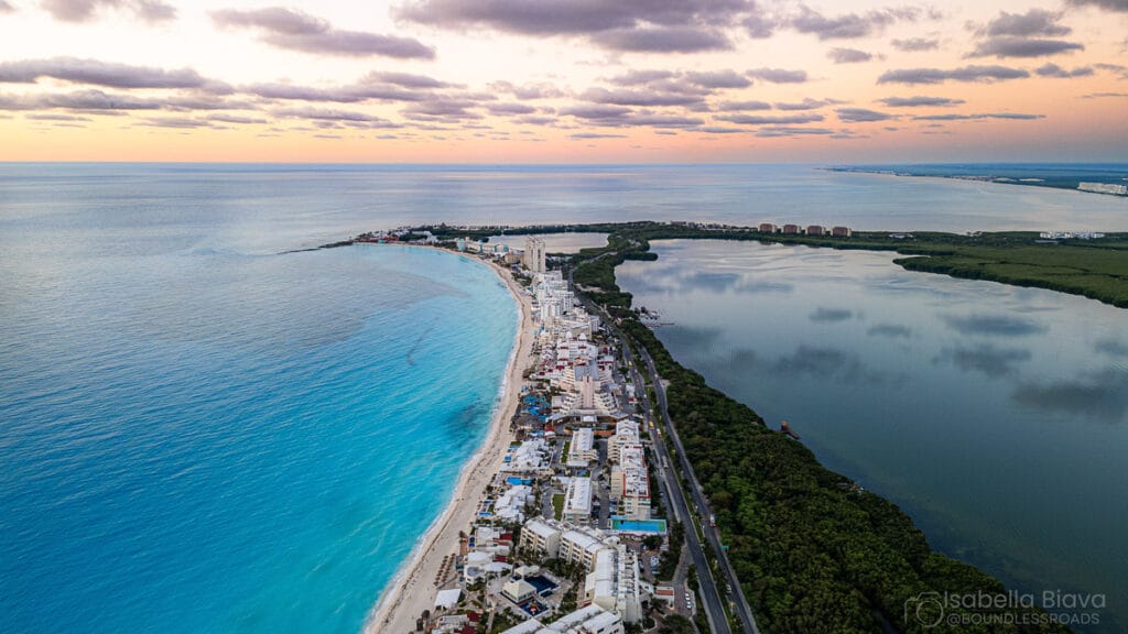 Aerial view of Cancun beach and coastline.