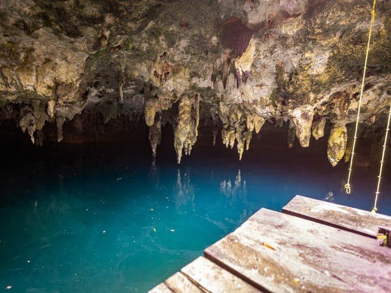 La Noria Cenote stalagtites and platform