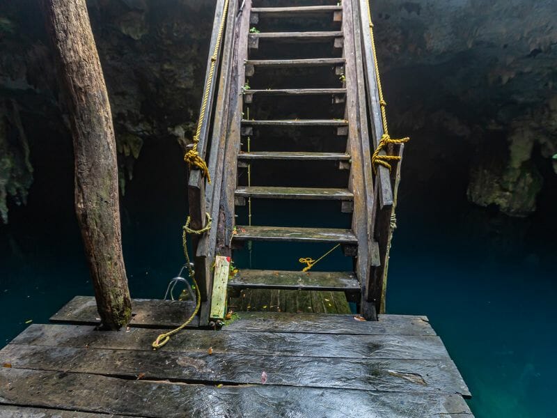 La Noria Cenote stalagtites and stairs