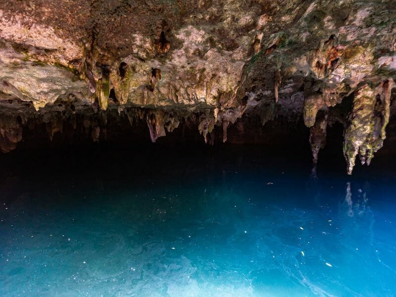 La Noria Cenote stalagtites and blue water