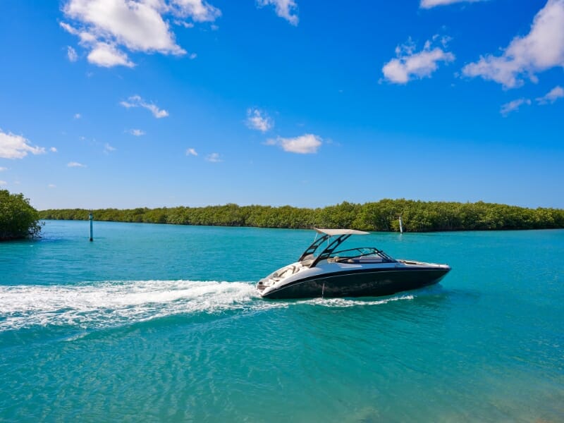 Nichupte lagoon in Cancun with speedboat.