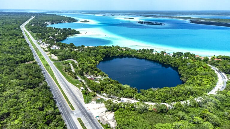 Bacalar cenote azul aerial view