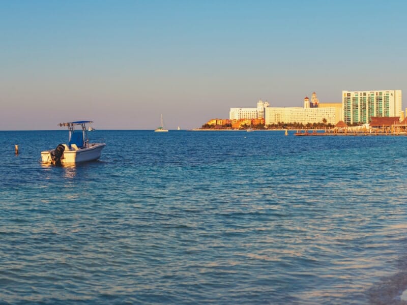 Cancun beach with hotels during sunset
