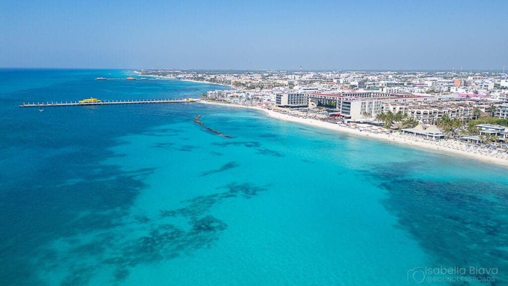 Aerial view of a busy beach resort town.