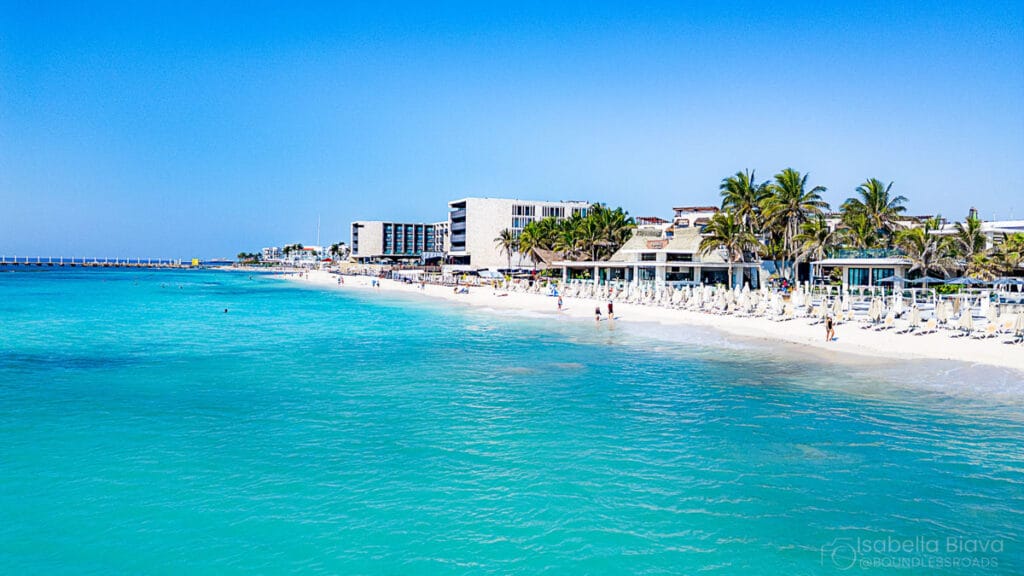 Tropical beach resort with palm trees and clear water.