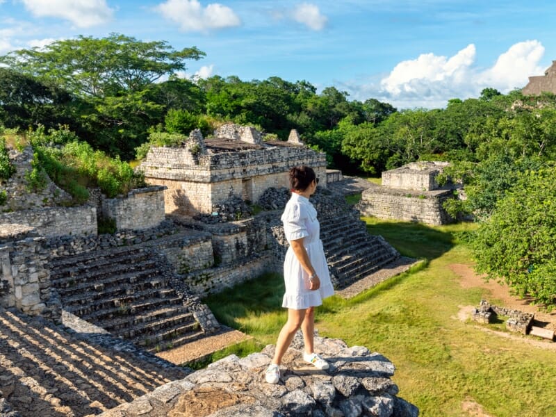 Tourist visiting Mayan ruins in Cancun, Mexico