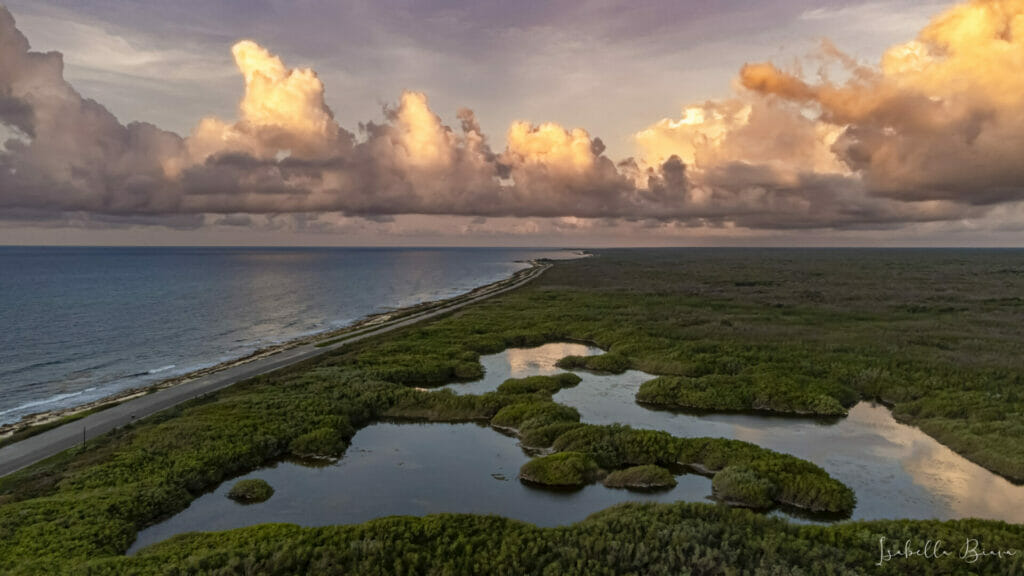 East side Cozumel aerial view at sunset