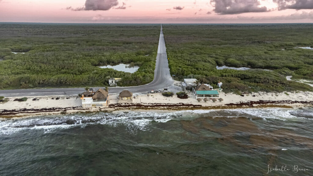 Cozumel aerial view of the road at sunrise