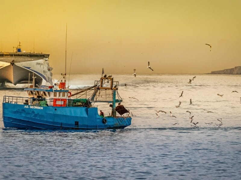 blue fishing boat at sunset