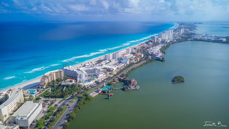 Cancun beach and Lagoon aerial view