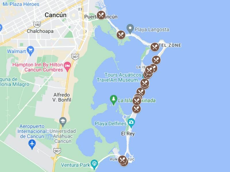 Cancun hotel zone restaurants Map