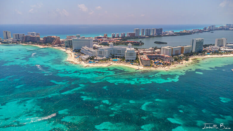Aerial view of Cancun Hotel Zone in Punta Cancun 