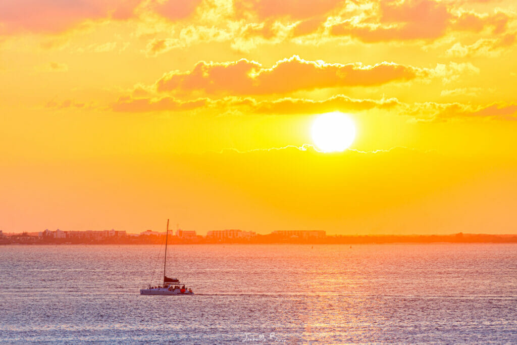 Isla Mujeres catamaran at sunset