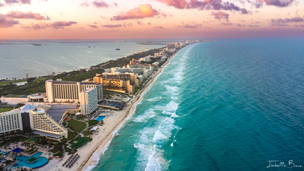 Drone view of Cancun at Sunset