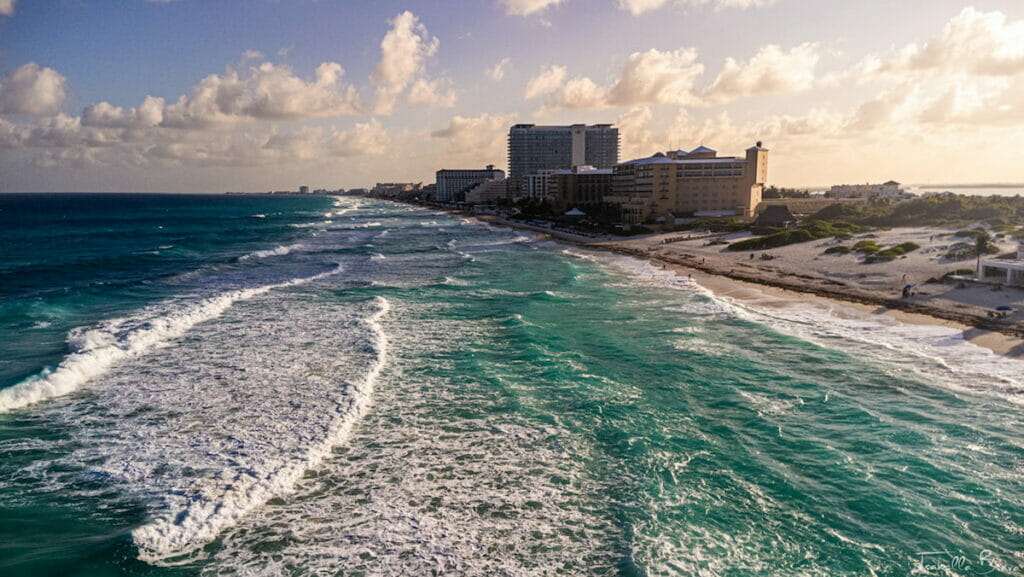 View of huge waves in Cancun beach.