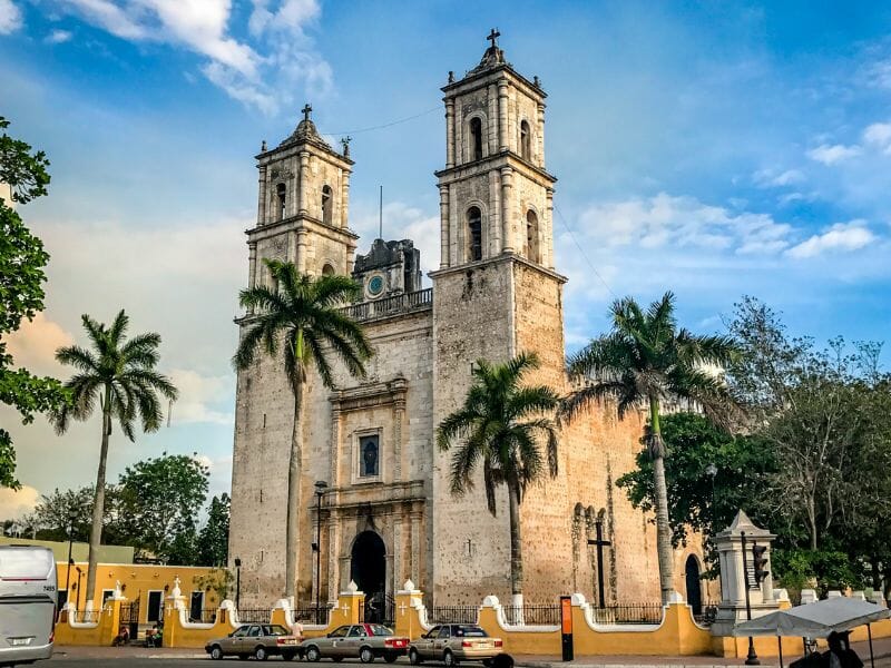 View of the Valladolid Cathedral surrounded by palm trees
