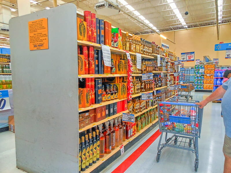 View of the liquor section in Walmart in Cancun