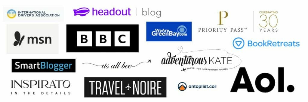 A collage of various logos including headout, BBC, AOL, msn, Priority Pass, SmartBlogger, Adventureous Kate, Inspirato, Travel Noire, and more.