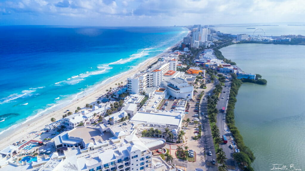 Drone view of Cancun Beach and Lagoon.