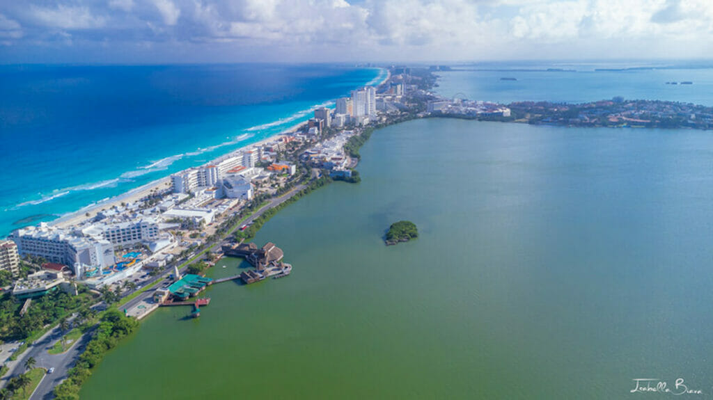 Drone view of Cancun beach and lagoon.