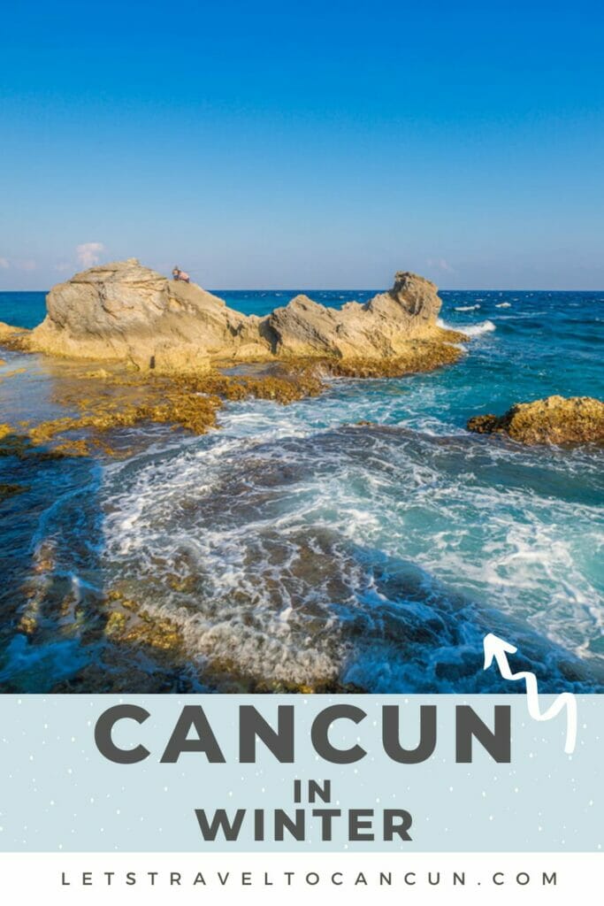 Cancun in Winter Pin - view of Punta Sur rocks - this image will lead you to Pinterest.