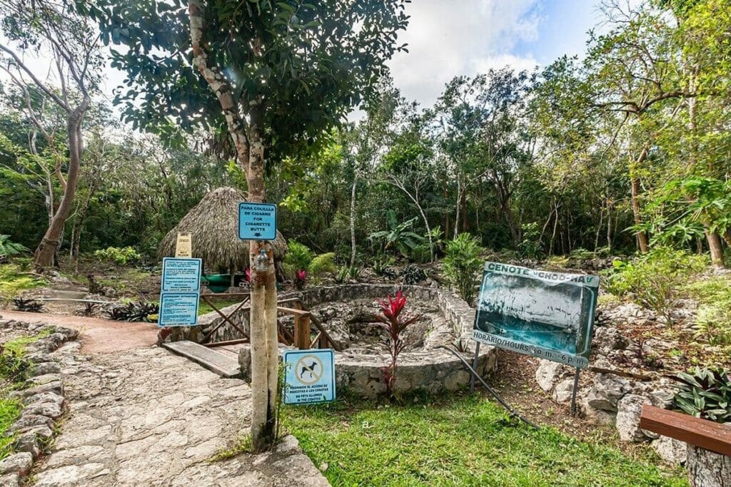 Cenote Choo Ha's garden and multiple signages.