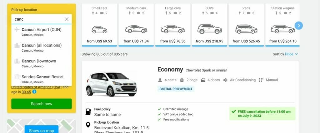 Discover Cars Cancun review: select the pick up location