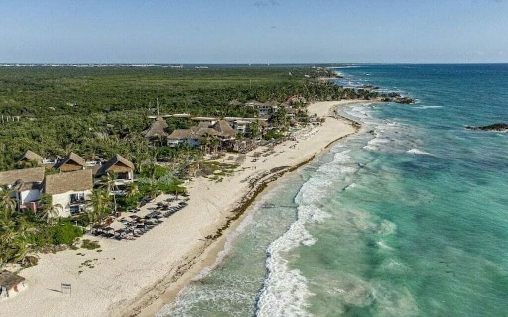 View of the Tulum coast via drone.