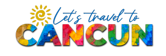 Colorful "Let's travel to Cancun" text with a sun symbol. The word "CANCUN" is filled with vibrant, multicolored patterns.
