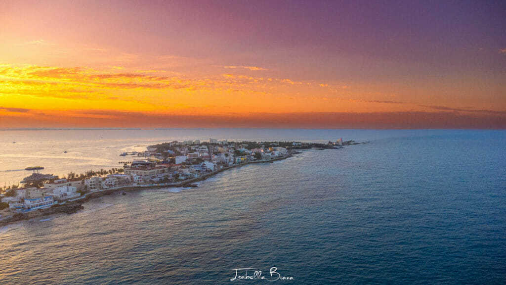 Aerial view of Isla Mujeres during sunset.
