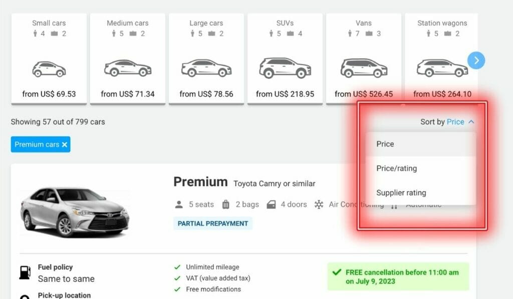 sort the car rental list by your priority