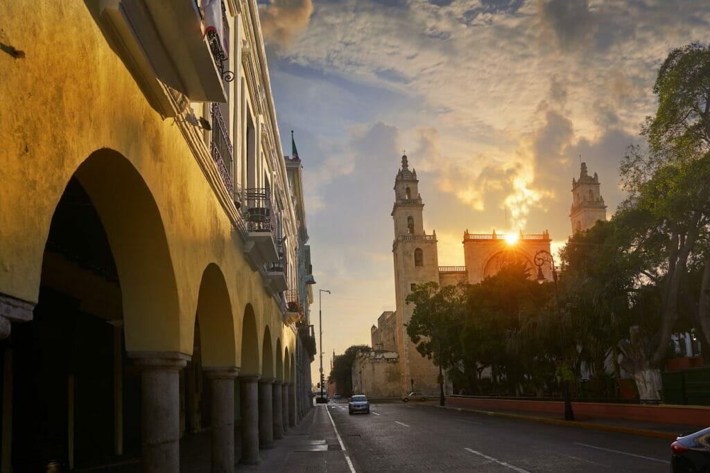View of Merida Cathedral on a sunset.