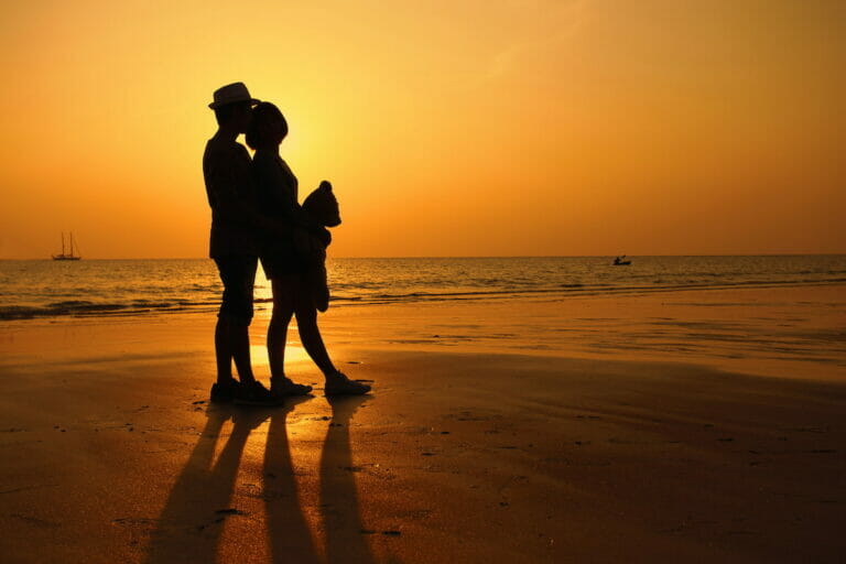 View of a couple's silhouette in Cancun on a sunset.
