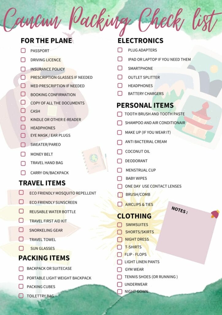 A Cancun packing list with sections for plane items, travel items, electronics, personal items, clothing, and baby supplies. Each section details specific essentials to bring.
