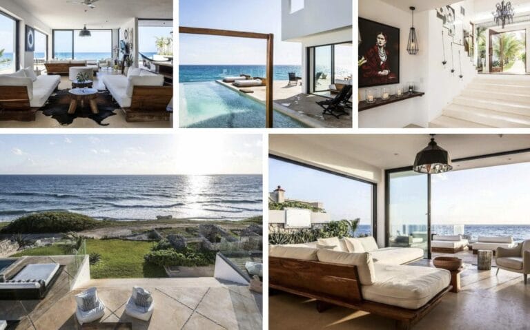 Experience the epitome of luxury at this AirBnB in Isla Mujeres, a seaside villa with modern interiors. Enjoy spacious living rooms, an infinity pool overlooking the ocean, stylish staircases, and large windows offering panoramic views of the beach.