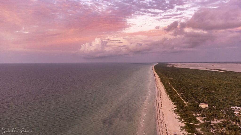 EL cuyo beach at sunset drone view