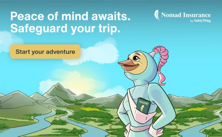 A cartoon bird-person with a passport contemplates a scenic mountain landscape. Text promotes nomad travel insurance, encouraging adventure.