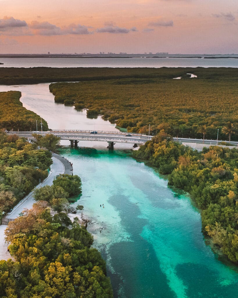 Cancun nizuc bridge at sunset