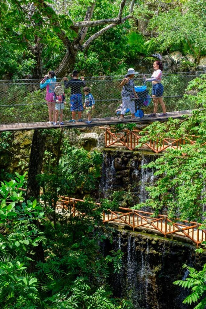 Xcaret swinging bridge in the jungle