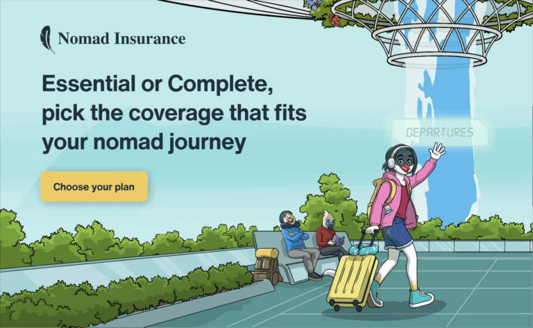 A cartoon person with luggage waves at an airport. Other people sit nearby. Text above promotes nomad insurance options.